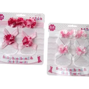 Pink Headband & Foot Flower Set – by Soft Touch (0–6 Months)
