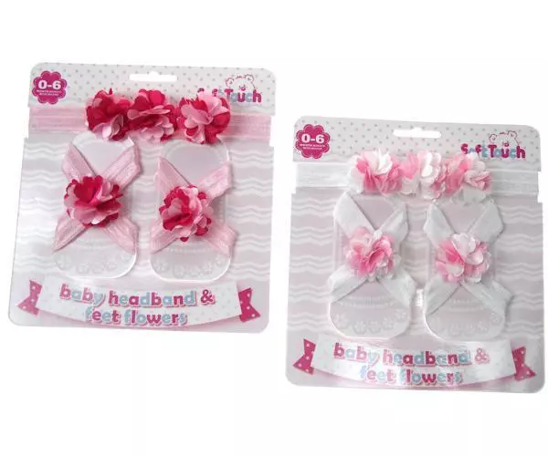 Pink Headband & Foot Flower Set – by Soft Touch (0–6 Months)