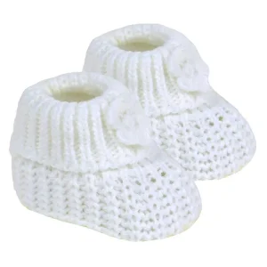White Flower Booties by Soft Touch – (0–3 Months)