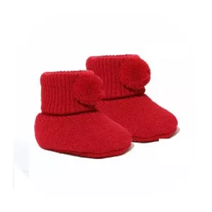 Red Pom Pom Booties – by Soft Touch (Newborn–3 Months)