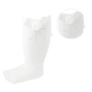 White Ribbed Knee Socks with Pom Pom & Bow – by Soft Touch (12–24 Months)