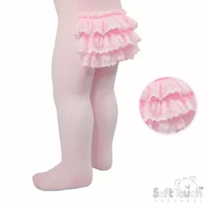 Pink Ribbed Tights with Frill – by Soft Touch (6–18 Months)