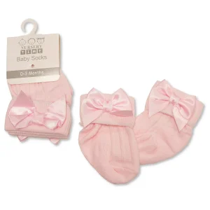 Pink Satin Bow Socks – by Nursery Time (0–3 Months, One Size)