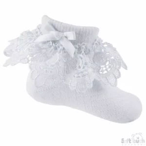 White Deep Lace & Bow Socks – by Soft Touch (6–12 Months)