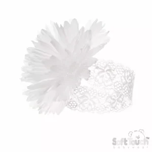 White Lace Flower Headband – by Soft Touch (Newborn–12 Months)