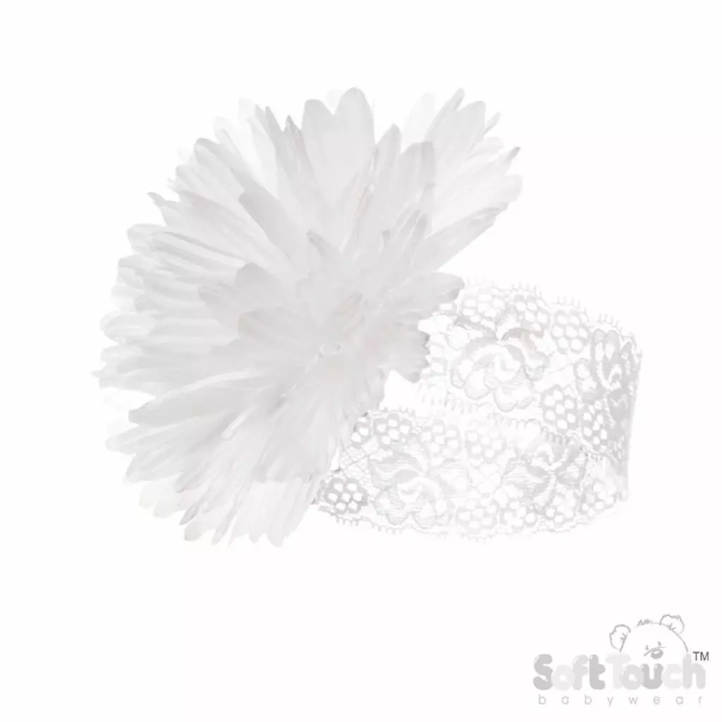 White Lace Flower Headband – by Soft Touch (Newborn–12 Months)