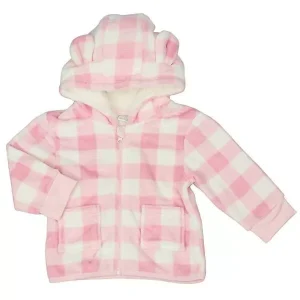Pink Hooded Snug Fleece Gingham Jacket – by Pure & Soft (6–12 & 18–24 Months)
