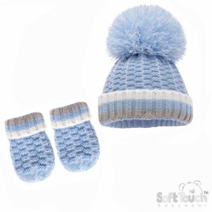 Sky Pom Pom Hat & Mitts – by Soft Touch (Newborn–12 Months)