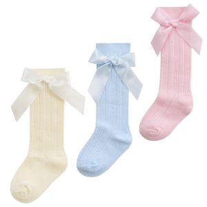 Cable Knit Knee High Ribbon Socks with Satin Bow – by Tick Tock (0–2.5)