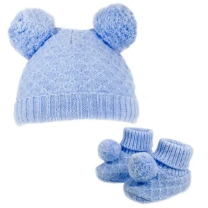 Sky Pom Pom Hat & Booties Set – by Soft Touch (Newborn–6 Months)