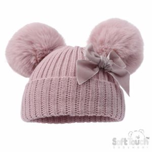 Dusky Pink Velvet Ribbon Pom Pom Hat – by Soft Touch (Newborn–12 Months)