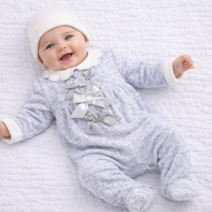 Three Bow Velour All-in-One – by Just Too Cute (0–6 Months)