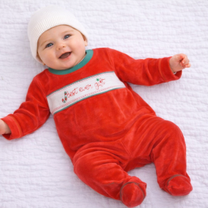 Smocked Christmas Velour All-in-One – by My Little Chick (Newborn & 3–6 Months)