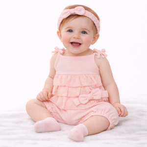 Pink Broderie Anglaise Romper Set – by My Little Chick (3–6 Months)