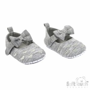 Grey Bow & Heart Soft Sole Shoes – by Soft Touch (6–15 Months)