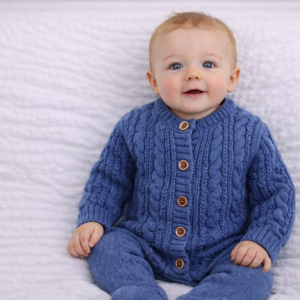 Steel Cable Cardigan with Wooden Buttons – by Soft Touch (0–6 Months)