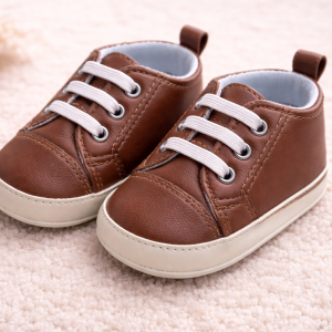 Brown Textured Infant Shoes with Side Velcro – by Soft Touch (0–6 months)