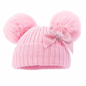 Pink Velvet Ribbon Pom Pom Hat – by Soft Touch (Newborn–12 Months)