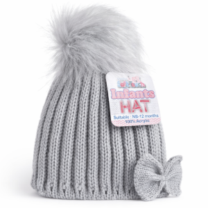 Grey Knit Pom-Pom Baby Hat with Bow – by Soft Touch (0–12 Months)