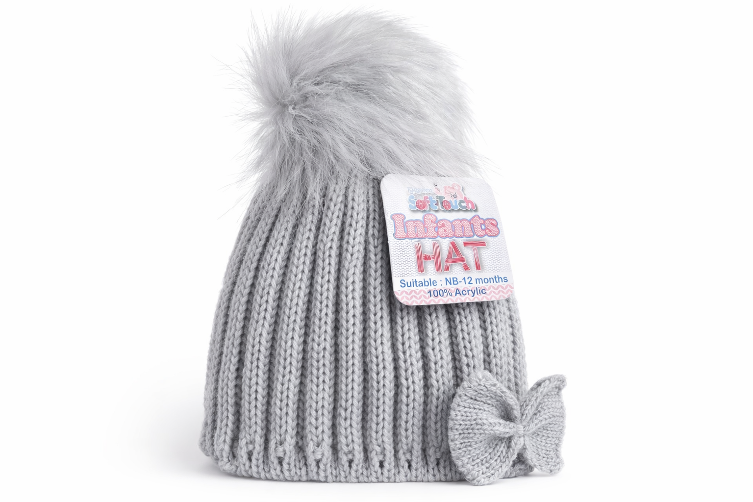 Grey Knit Pom-Pom Baby Hat with Bow – by Soft Touch (0–12 Months)