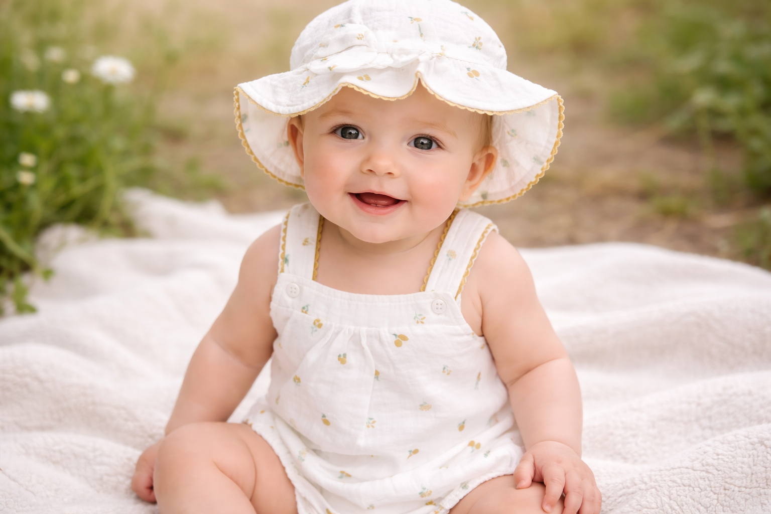 Lemons Muslin Romper & Hat Set – by Rock-a-Bye Boutique (6-9 Months) LAST ONE‼️
