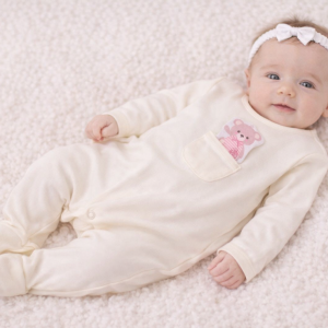 White Pocket Teddy All-in-One – by Rock-a-Bye Boutique (0–9 Months)