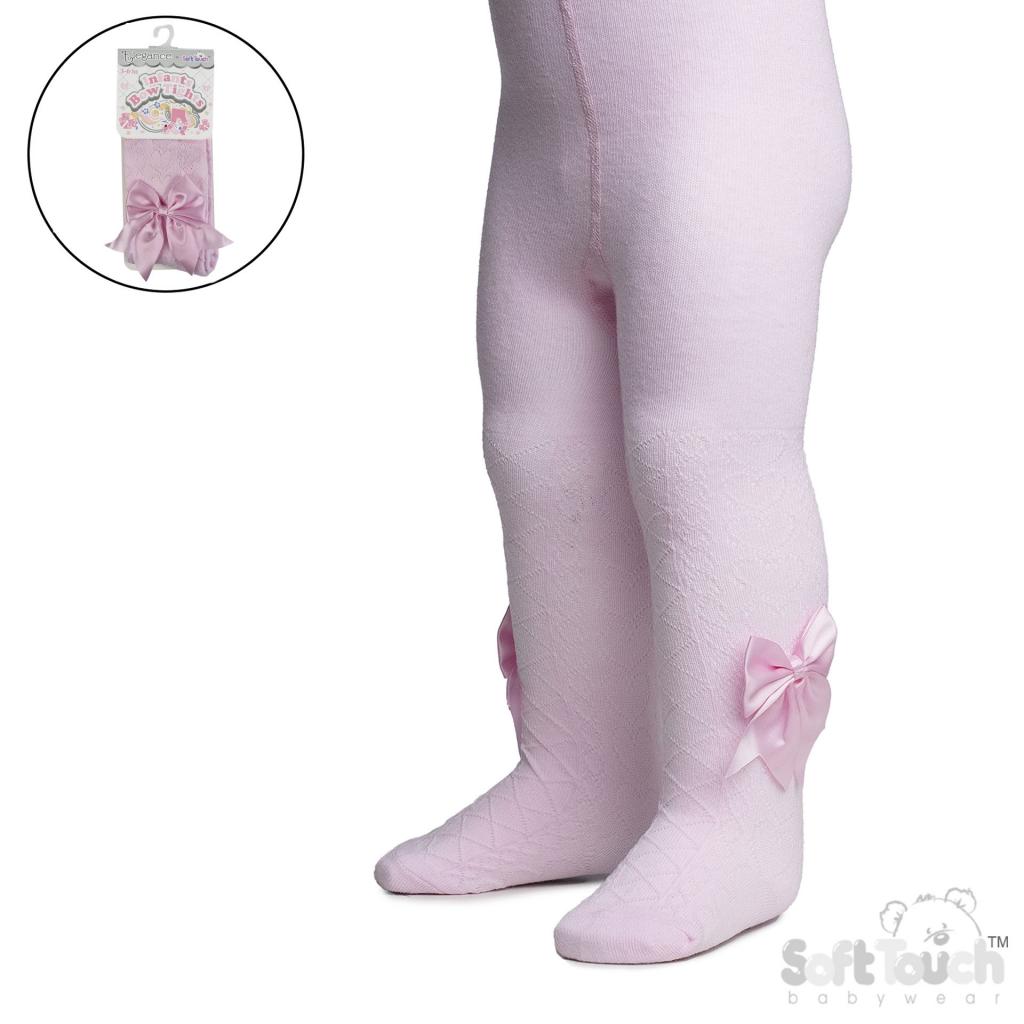 Pink Heart Tights with Large Bow – by Soft Touch (Newborn–12 Months)
