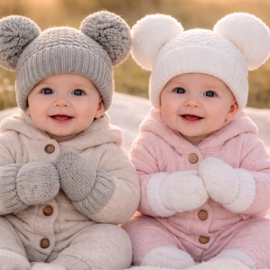 Heavy Knit Twin Pom Pom Hat & Mitten Set – by Soft Touch (0–12 Months)