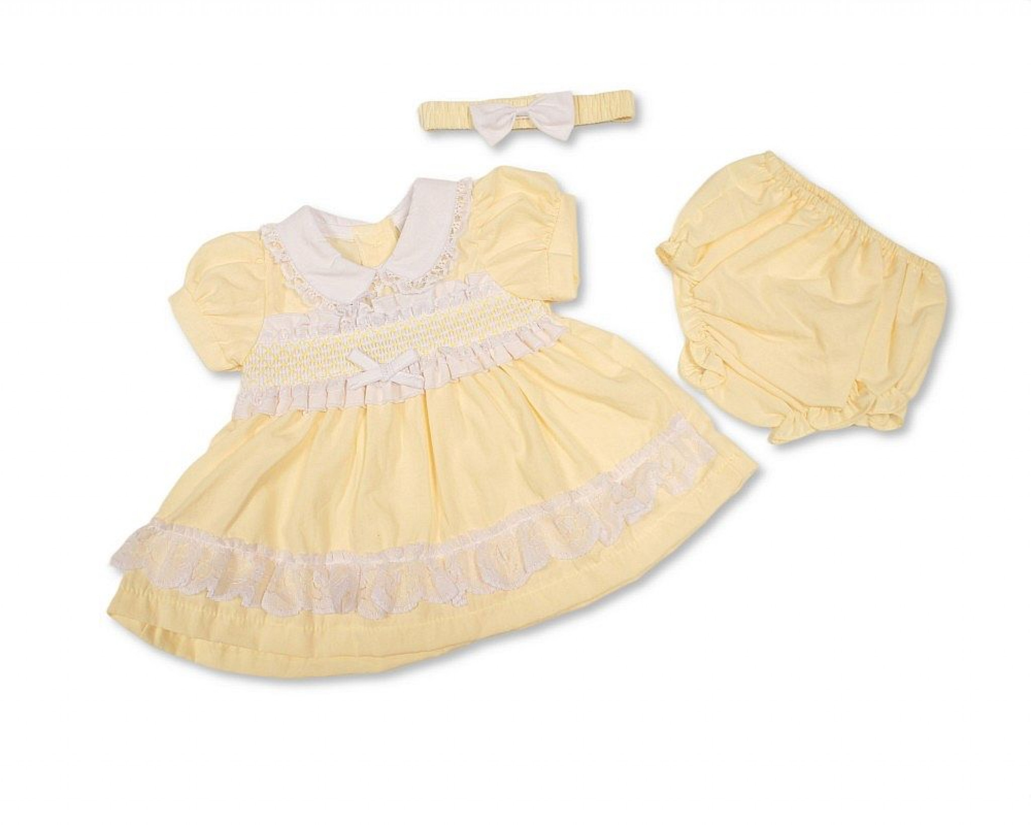 Yellow Smocked “Lace and Bows” Dress Set – by Tiny Chick (3–5 lbs) - Image 2