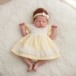 Yellow Smocked “Lace and Bows” Dress Set – by Tiny Chick (3–5 lbs)
