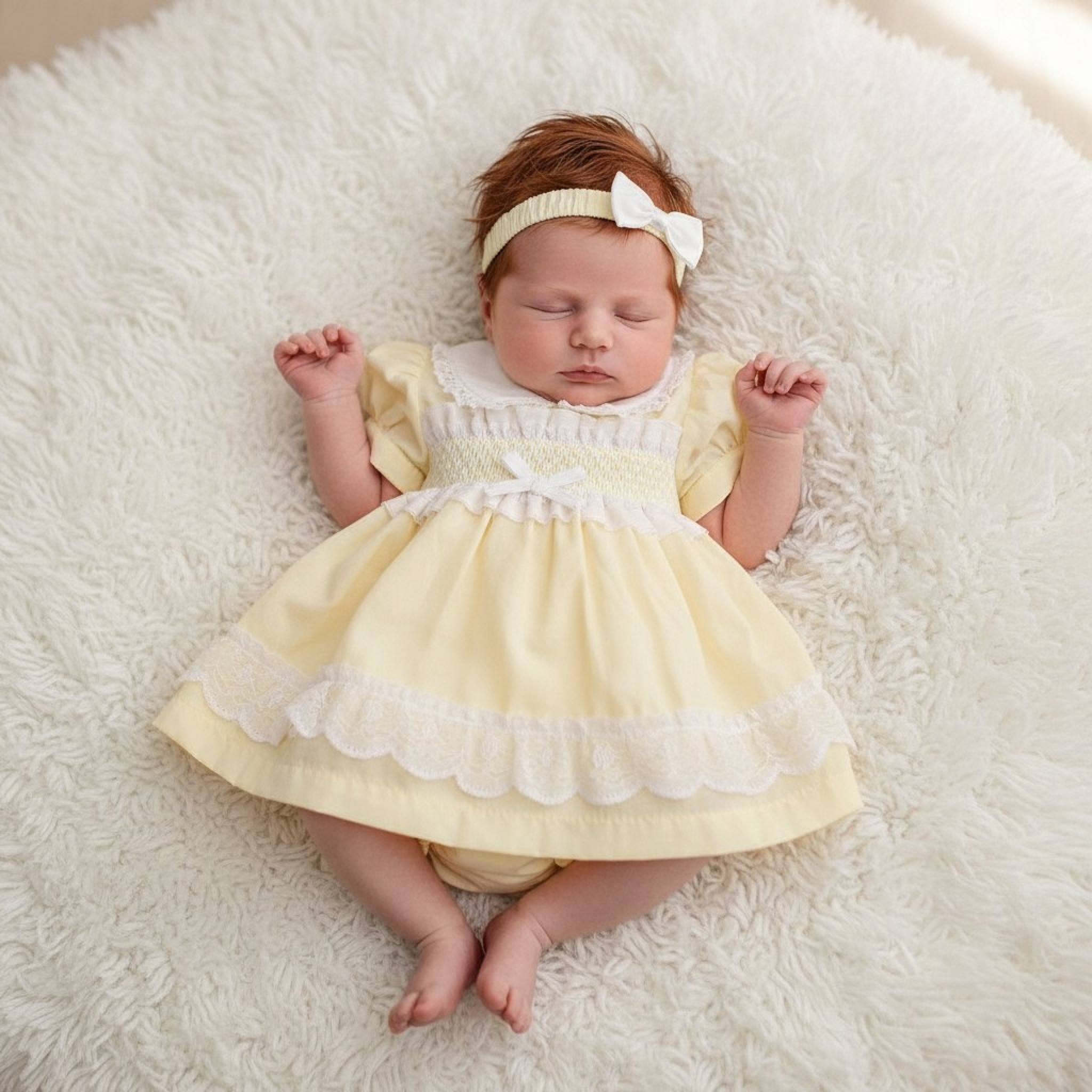 Yellow Smocked “Lace and Bows” Dress Set – by Tiny Chick (3–5 lbs)