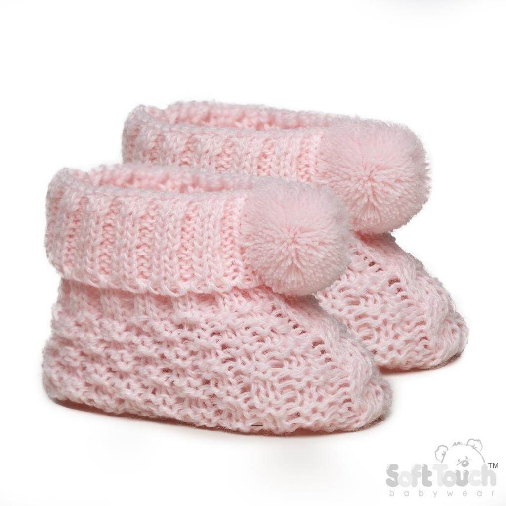 Pink Pom Pom Cable Knit Booties – by Soft Touch (Newborn+) - Image 2