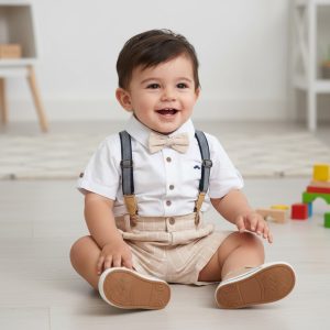 Biscuit & White Bow Tie Set with Braces – by Little Gent (9–24 months)