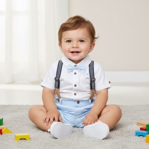 Sky & White Bow Tie Set with Braces – by Little Gent (9–12 Months) LAST ONE‼️