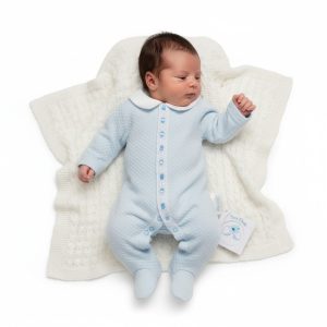 Sky Bow & Lace All-in-One with Matching Hat – by Tiny Baby (3–5 lbs)