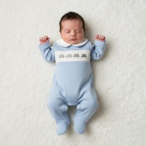 Smocked Elephant All-in-One – by Tiny Chick (3–8 lbs)
