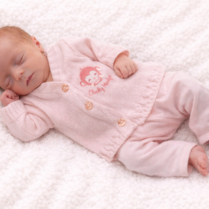 Cheeky Monkey Knitted Cardigan – by Soft Touch (3–8 lbs)