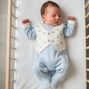 Sky Blue & White Faux Waistcoat All In One – by Just For Me (0–6 Months)