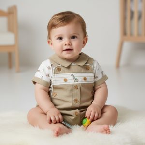 Smocked “Dinosaur” Linen Dungaree Set – by My Little Chick (Newborn–6 Months)