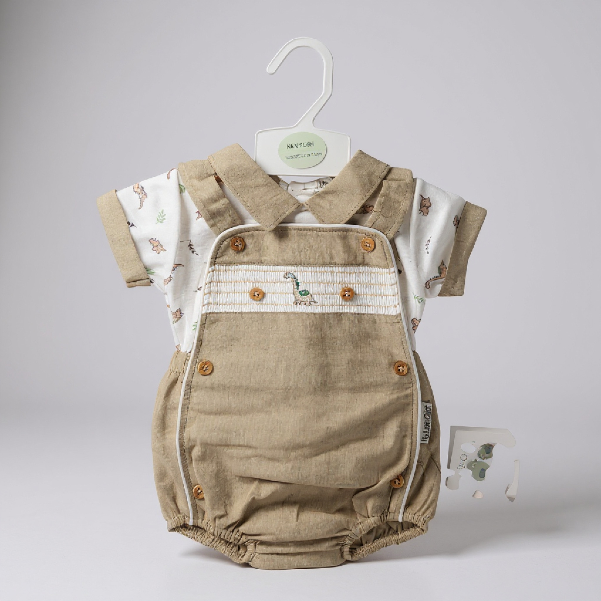 Smocked “Dinosaur” Linen Dungaree Set – by My Little Chick (Newborn–6 Months) - Image 2
