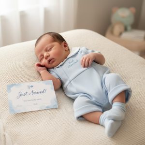 “Just Arrived” Romper – by Tiny Chick (5–8 lbs) LAST ONE‼️