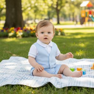Sky Linen Waistcoat 3 Piece Shorts Set – by My Little Chick (Newborn–6 Months)