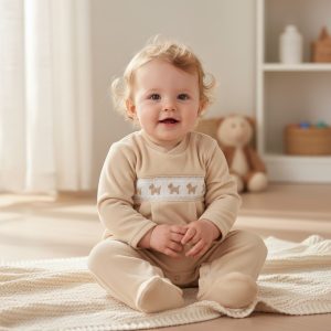 Smocked Puppy Velour All-in-One – by My Little Chick (Newborn–6 Months)