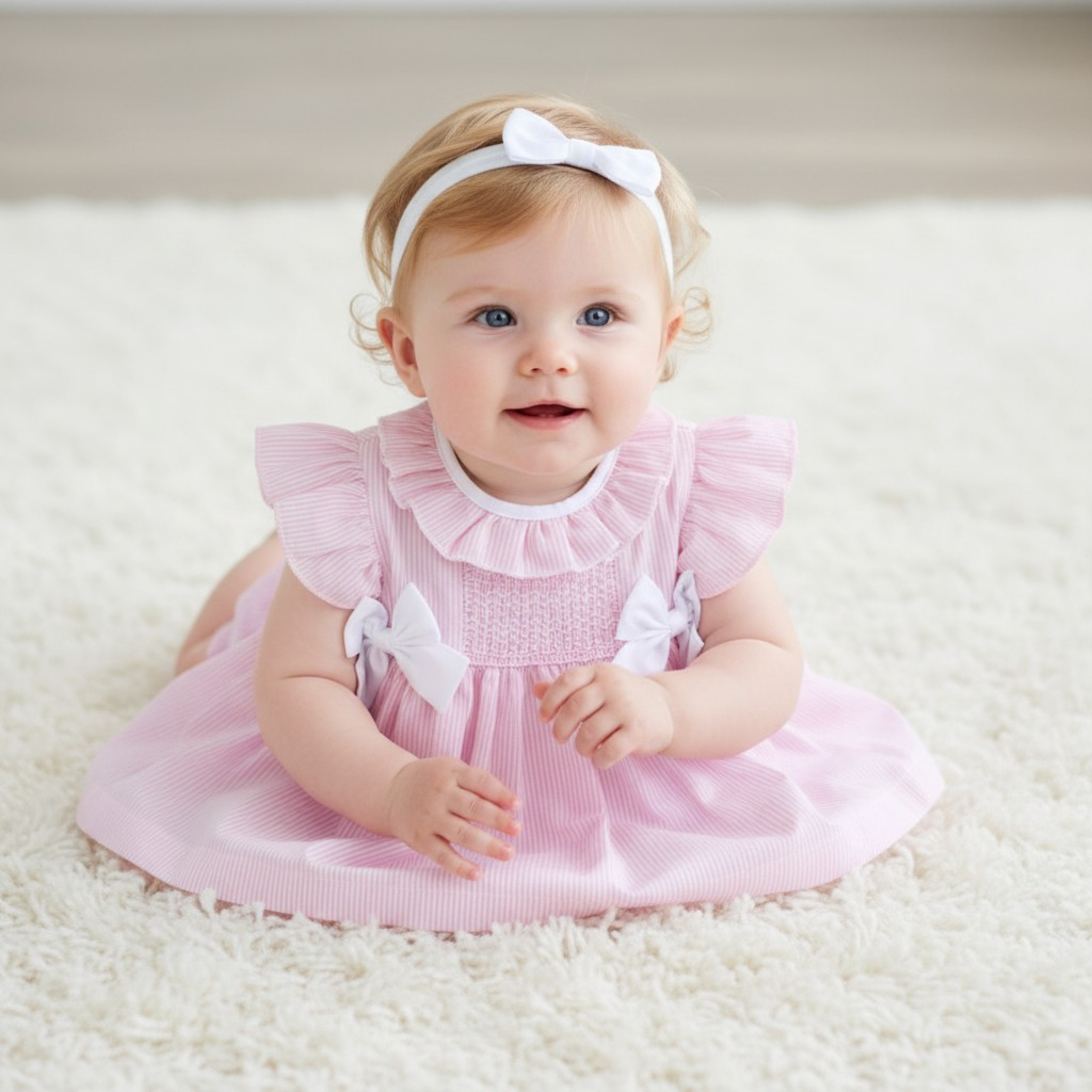 Smock Stripe and Bows Dress Set – by Rock-a-Bye Boutique (6–9 Months)