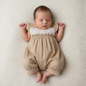Smocked Linen Romper – by Tiny Chick (3–8 lbs)