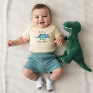 “Mini Saurus” Bodysuit, Shorts & Socks Set – by TIAGHRB Kids Fashion (3–12 Months)