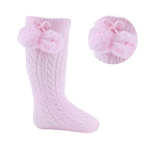 Pink Pelerine Sock with Pom Pom – by Soft Touch (0–24 Months)