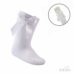 White Adorable Heart Knee Socks with Bow – by Soft Touch (0–24 Months)