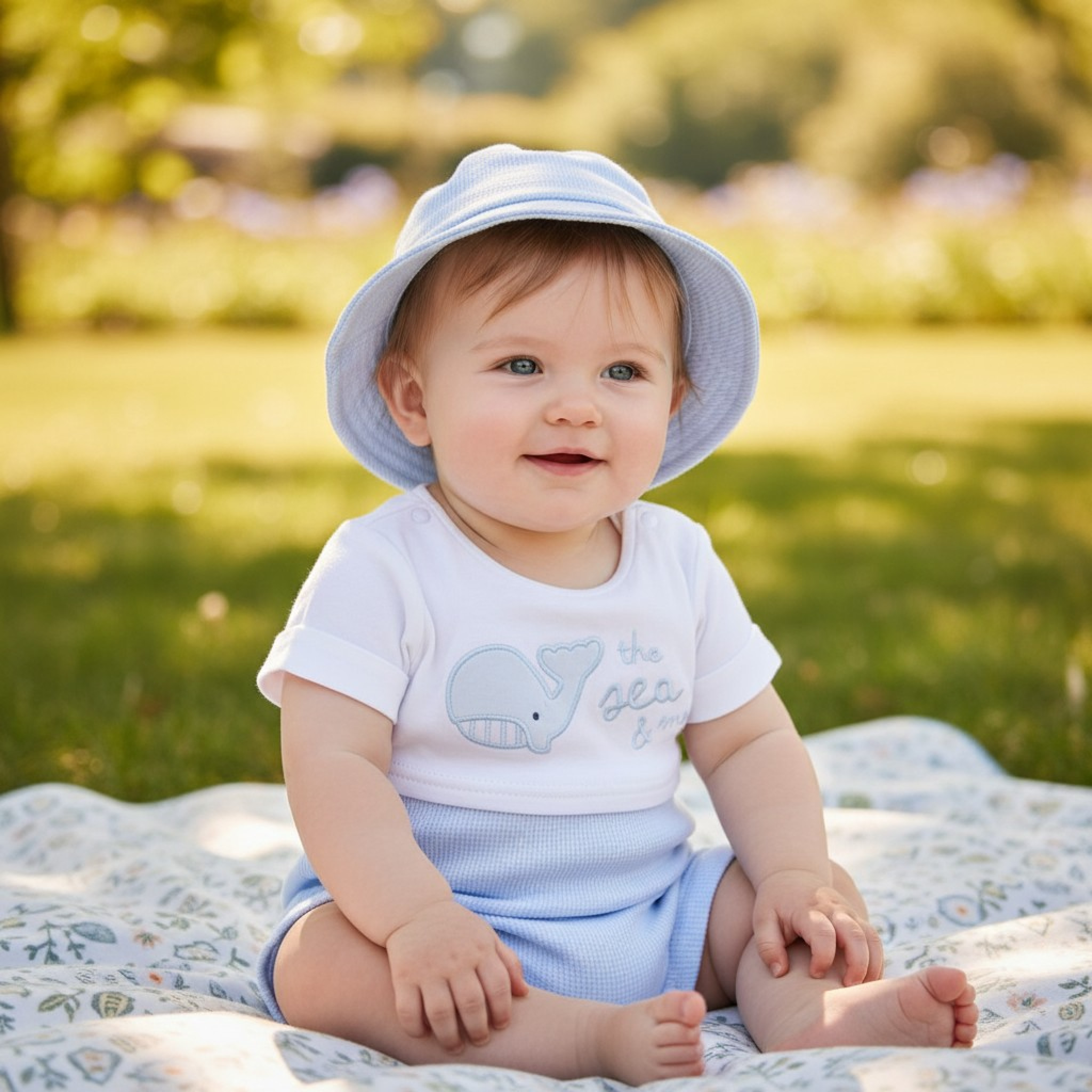 Waffle Whale Romper with Reversible Hat – by Rock-a-Bye Boutique (0–9 Months)