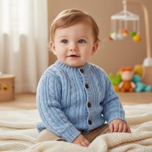 Blue Cable Cardigan with Wooden Buttons – by Soft Touch (0–12 months)